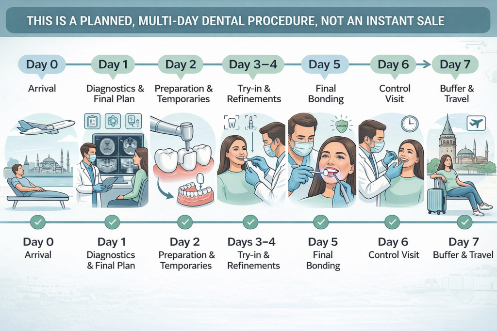 7 day veneer treatment timeline in Istanbul from consultation to final control visit