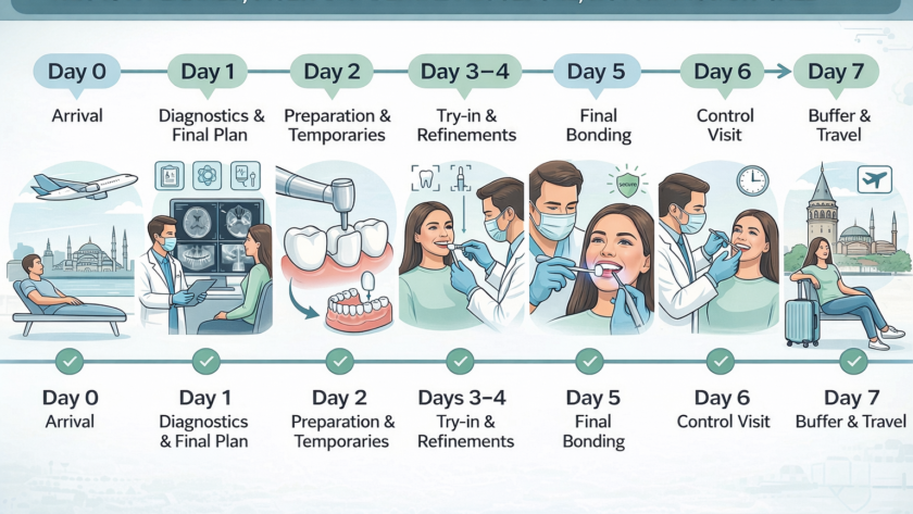 7 day veneer treatment timeline in Istanbul from consultation to final control visit