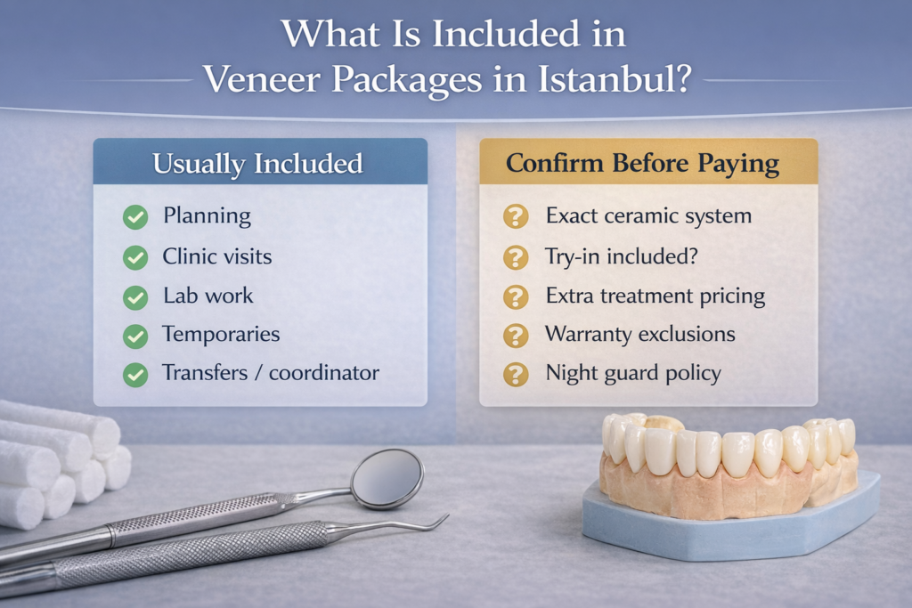 Checklist of what veneer packages in Istanbul may include and what patients should confirm before paying